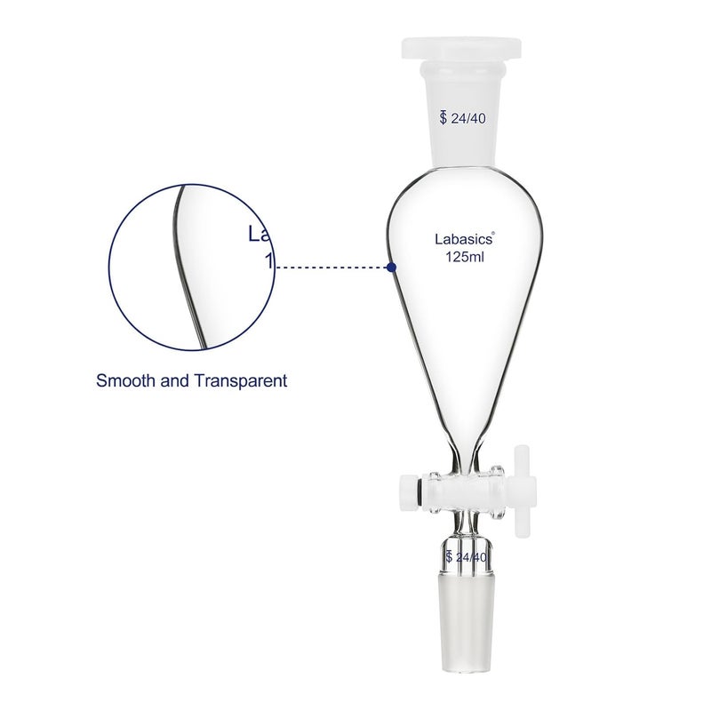 Labasics 125 ml Conical Pear-Shaped Separatory Funnel with PTFE Stopcock, Heavy Wall Borosilicate Glass with 24/40 Joints - Image 2
